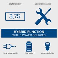 The Scheppach Hybrid Compressor Airforce 6 features a digital display, low maintenance, and three power sources: 230 V power cable, 20 V battery, and cigarette lighter.