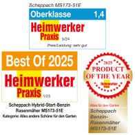 Der Scheppach Benzin-Rasenmäher MS173-51E wurde von Heimwerker Praxis als Produkt des Jahres 2025 ausgezeichnet. Er erhielt die Bewertung "Oberklasse" und den 1. Platz in der Kategorie "Alles andere Schöne für den Garten".