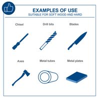 The image shows examples of use for the Scheppach Double Bench Grinder SM200L. Suitable for soft and hard woods. Includes chisels, drill bits, blades, axes, metal tubes, and metal plates.