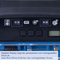 Digitales Display zeigt gemessenen und eingestellten Druck an; Auto-Shut-Off bei Erreichen des eingestellten Drucks