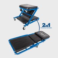 2-in-1 KFZ-Rollliege mit einfachem Umrüsten zwischen Werkstatthocker und Rollbrett. Maximalbelastung 150 kg.