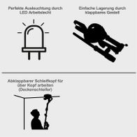 Der Scheppach Wand- und Deckenschleifer TBS915-BE bietet perfekte Ausle Ausleuchtung durch LED Arbeitsleucht und einfache Lagerung durch klappbares Gestell. Der abklappbare Schleifkopf ermöglicht Arbeiten über Kopf.