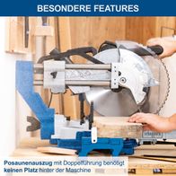 Kapp-Zugsäge mit integriertem Posaunenauszugssystem und doppelter Führung für platzsparende Montage hinter der Maschine