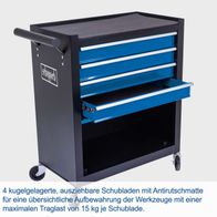 Werkstattwagen mit 4 kugelgelagerten Schubladen, Antirutschmatten und einer maximalen Traglast von 15 kg pro Schublade.