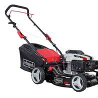 Rasenmäher MP99-42 von Scheppach, seitliche Ansicht. Der Rasenmäher hat einen 99cc Motor und eine Schnittbreite von 420mm.