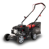 Scheppach petrol push lawnmower MP132-40, side view. 40 cm cutting width, 35L grass bag, height adjustable.