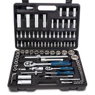 Tool Kit TB94 by Scheppach featuring various tools such as socket wrench, ratchets, and bits. Shown from above.