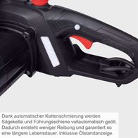 Die Elektro-Kettensäge CSE2200 von Scheppach verfügt über eine automatische Kettenschmierung, die Sägekette und Führungsschiene vollautomatisch ölt. Dies reduziert Reibung und verlängert die Lebensdauer. Inklusive Ölstandanzeige.