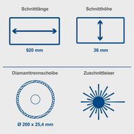 Der Fliesenschneider FS3600 von Scheppach hat eine Schnittlänge von 920 mm und eine Schnittiefe von 36 mm. Er verfügt über eine Diamanttrennscheibe mit den Maßen 200 x 25,4 mm und einen Zuschnittlaser für präzise Schnitte.