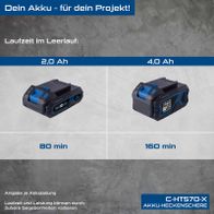 Scheppach Akku-Heckenschere C-HT570-X mit Akku (2 Ah) und Laufzeitvergleich: 80 vs. 160 Minuten