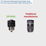 The tried-and-tested gearing principle using the chuck key guarantees high clamping force. Product view from the front.