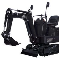 Mini-Bagger MIB800-BE von Scheppach, frontansicht mit Arbeitsausrüstung und Sitzplatz