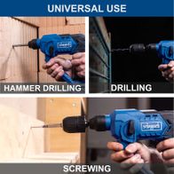 Scheppach cordless hammer drill showing hammer drilling and screwing functions for versatile use
