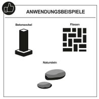 Das Bild zeigt Anwendungsbeispiele für den Scheppach 785977. Dargestellt sind ein Betonsockel, Fliesen und ein Naturstein. Diese Materialien können mit dem Werkzeug bearbeitet werden.