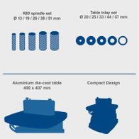 Technical details: K80 spindle set with diameters 13 to 51 mm and belt holders 20 to 57 mm for sander OSM600; aluminium die-cast table (400 x 407 mm)
