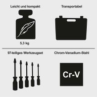 Das Werkzeugset WZB120-BE von Scheppach ist leicht und kompakt mit 5,3 kg Gewicht. Es ist transportabel und besteht aus 97 Teilen. Die Werkzeuge sind aus Chrom-Vanadium-Stahl gefertigt.