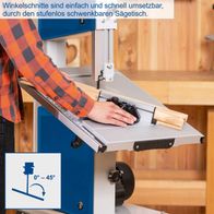 Die Bandsäge HBS400 von Scheppach bietet einen stufenlos schwenkbaren Sägetisch mit einem Winkelbereich von 0° bis 45°. Winkelschnitte sind einfach und schnell umsetzbar, durch den stufenlos schwenkbaren Sägetisch.