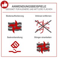 Das Scheppach Werkzeug eignet sich für kleinere und mittlere Flächen. Es kann zum Bodenauflockern, Unkraut entfernen, Saatvorbereitung und Dünger einarbeiten verwendet werden.