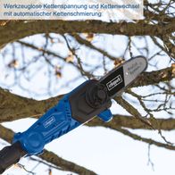 Das Akku-Multifunktionsgerät C-PHTS410-X von Scheppach bietet werkzeuglose Kettenspannung und Kettenwechsel mit automatischer Kettenschmierung.
