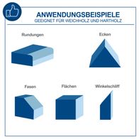 Das Bild zeigt Anwendungsbeispiele für den Band- und Tellerschleifer BTS800 von Scheppach. Geeignet für Weichholz und Hartholz. Es werden Rundungen, Ecken, Fasen, Flächen und Winkelschliff dargestellt.
