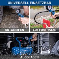 Der universelle Einsatzbar ist vielseitig einsetzbar: ideal für Autoreifen, Luftmatratzen und zum Ausblasen. Mit integriertem Druckmesser für präzise Kontrolle.