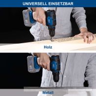 Universalwerkzeug für Holz- und Metallarbeiten mit Akku-Bohrschrauber, gezeigt beim Bohren in verschiedenen Materialien