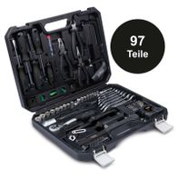 Werkzeugkoffer mit 97 Teilen von Scheppach, inklusive Schraubendreher, Zangen, Schraubmuttern und Bohrer.
