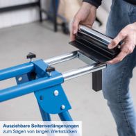 Das Untergestell UMF1600 von Scheppach verfügt über ausziehbare Seitenverlängerungen zum Sägen von langen Werkstücken.