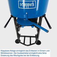 Der Zwangsmischer CCM130 von Scheppach verfügt über eine klappbare Ablage zum Entleeren in Eimern und Mörtelwannen. Der Auslasshebel ermöglicht eine feine Dosierung des Mischguts bei der Entleerung.