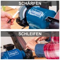 Der Kombinationsschleifer BGS700 von Scheppach bietet zwei Funktionen: Schärfen und Schleifen. Ideal für präzises Arbeiten an verschiedenen Materialien.