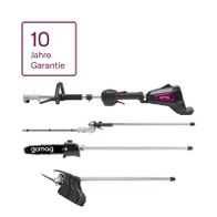 Das Akku-Multifunktionsgerät GO-GMG400BL gomag bietet eine 10 Jahre Garantie. Es verfügt über verschiedene Aufsätze wie eine Motorsäge, einen Trennschleifer und einen Hackmesseraufsatz.