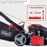 Der Benzin-Rasenmäher MS225-53E VS von Scheppach bietet eine zentrale Schnitthöhenverstellung in 7 Stufen von 25-75 mm. Die Schnittbreite beträgt 53 cm und verfügt über einen Radantrieb sowie eine 65L Fangbox.