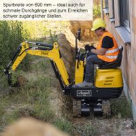 Mini-Bagger mit 690 mm Spurbreite für enge Arbeitsbereiche, Scheppach-Modell SY-MB815