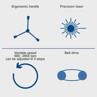 The Scheppach DP16VLS bench drill features an ergonomic handle, a precision laser, variable speed (600–2650 rpm) in 5 steps, and a belt drive.