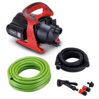 Elektro-Gartenpumpe GP600S scheppach (DIY) mit Schläuchen und Zubehör, Ansicht von vorne.