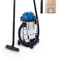 Elektro-Nass-/Trockensauger VC25 von Scheppach, seitlich fotografiert. Im Hintergrund ein Filterbeutel und eine Düse.