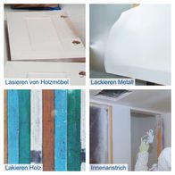 Beschriftungen von Holzmöbel mit Lasierwirkung, Lackierung von Metall, Holzlackierung mit verschiedenen Farben und Innenfarbaufstrich mit Sprühsystem.