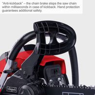 The petrol chainsaw PCS38 by Scheppach features an anti-kickback function that stops the saw chain within milliseconds in case of kickback. The hand guard ensures additional safety.