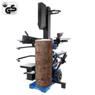 Holzspalter mit stabiler Halterung für Meterholz, inkl. Sicherheitsmechanismen und Transportaufsatz