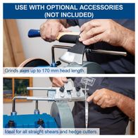 The Scheppach Wet Bench Grinder Tiger 7000S grinds axes up to 170 mm head length. It is ideal for all straight shears and hedge cutters. It can be used with optional accessories not included.