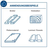 Das Bild zeigt Anwendungsbeispiele der Tisch Kappsäge HM100T von Scheppach. Geeignet für Bretter, Holzbalken, Plattenmaterial und Laminat/Paneele.