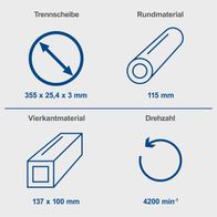 Der Metall-Trennschneider MT150 von Scheppach unterstützt verschiedene Materialien und hat eine Drehzahl von 4200 min⁻¹. Geeignet für Rundmaterial bis 115 mm und Vierkantmaterial bis 137 x 100 mm. Die Trennscheibe hat die Maße 355 x 25,4 x 3 mm.