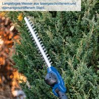Langlebiges Messer aus lasergeschnittenem und diamantgeschliffenem Stahl. Die Heckenschere verfügt über eine Schnittlänge von 41 cm und eine Schnittgeschwindigkeit von 1200 min⁻¹. Sie bietet 11 verschiedene Schnittwinkel für präzises Schneiden.