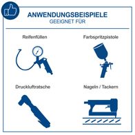 Das Bild zeigt Anwendungsbeispiele für den Kompressor HC06 Scheppach. Geeignet für Reifenfüllen, Farbspritzpistole, Druckluftratsche und Nageln/Tackern.
