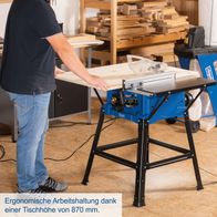 Die Tischkreissäge HS110 von Scheppach bietet eine ergonomische Arbeitshaltung dank einer Tischhöhe von 870 mm.