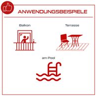 Illustration mit Symbolen für Balkon, Terrasse und Poolbereich mit typischen Möbelstücken und Sitzgelegenheiten