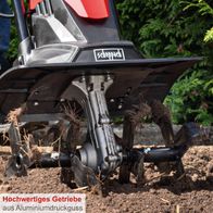 Hochwertiges Getriebe aus Aluminiumdruckguss. Scheppach Elektro Motorhacke MTE380 mit 36cm Arbeitsbreite und 1050W Leistung.