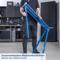 Zusammenklappbare Aluminiumkonstruktion, ideal für mobilen Einsatz. Höhe 915 mm, Auszug 935-1945 mm, Traglast 150 kg.