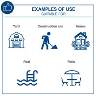 The Scheppach HCE2600 electric pressure washer is suitable for use in the yard, at the construction site, in the house, by the pool, and on the patio. The image illustrates the various areas of application.