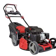 Scheppach MS22653ESE Rasenmäher mit schwarzem Gehäuse und rotem Griff, ausgestattet mit einem 224ccm-Motor und großen Rädern für einfache Handhabung.